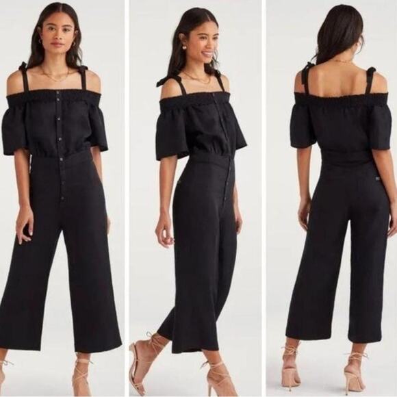 7 For All Mankind Black Off the Shoulder Cropped Leg Tencel Linen Jumpsuit Sz S - Picture 1 of 12